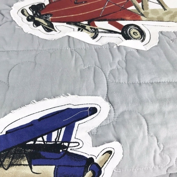 Twin Airplane Quilt Set 2PC Gray Applique Bedding Kids Aviation Cotton Sky Hawk - Picture 5 of 7